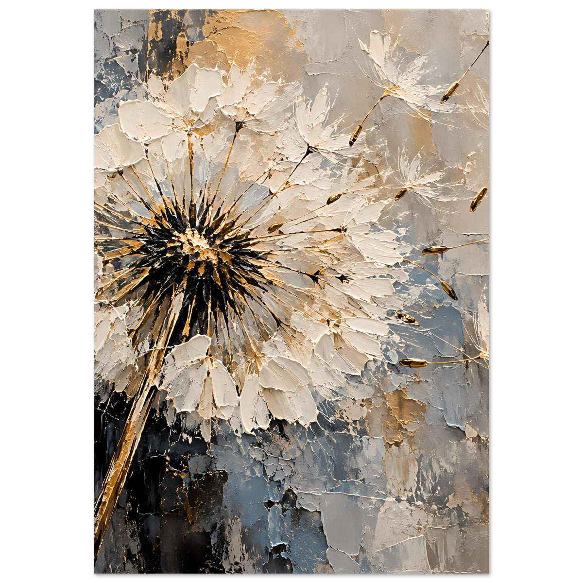 Vertikales Poster mit Pusteblume, schwarzem Kern und gesprungenen Beige-Blau-Flächen, Textur
