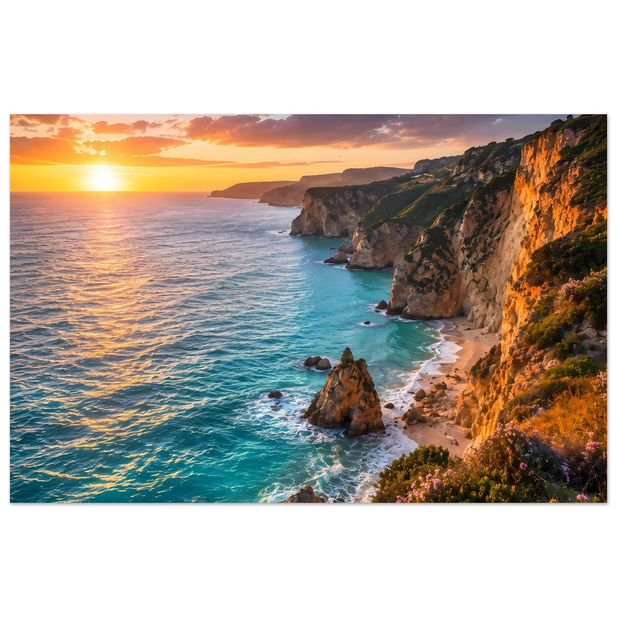 Querformat-Poster in Panoramaansicht: Küstenfelsen, türkisfarbenes Wasser und Sonnenhorizont