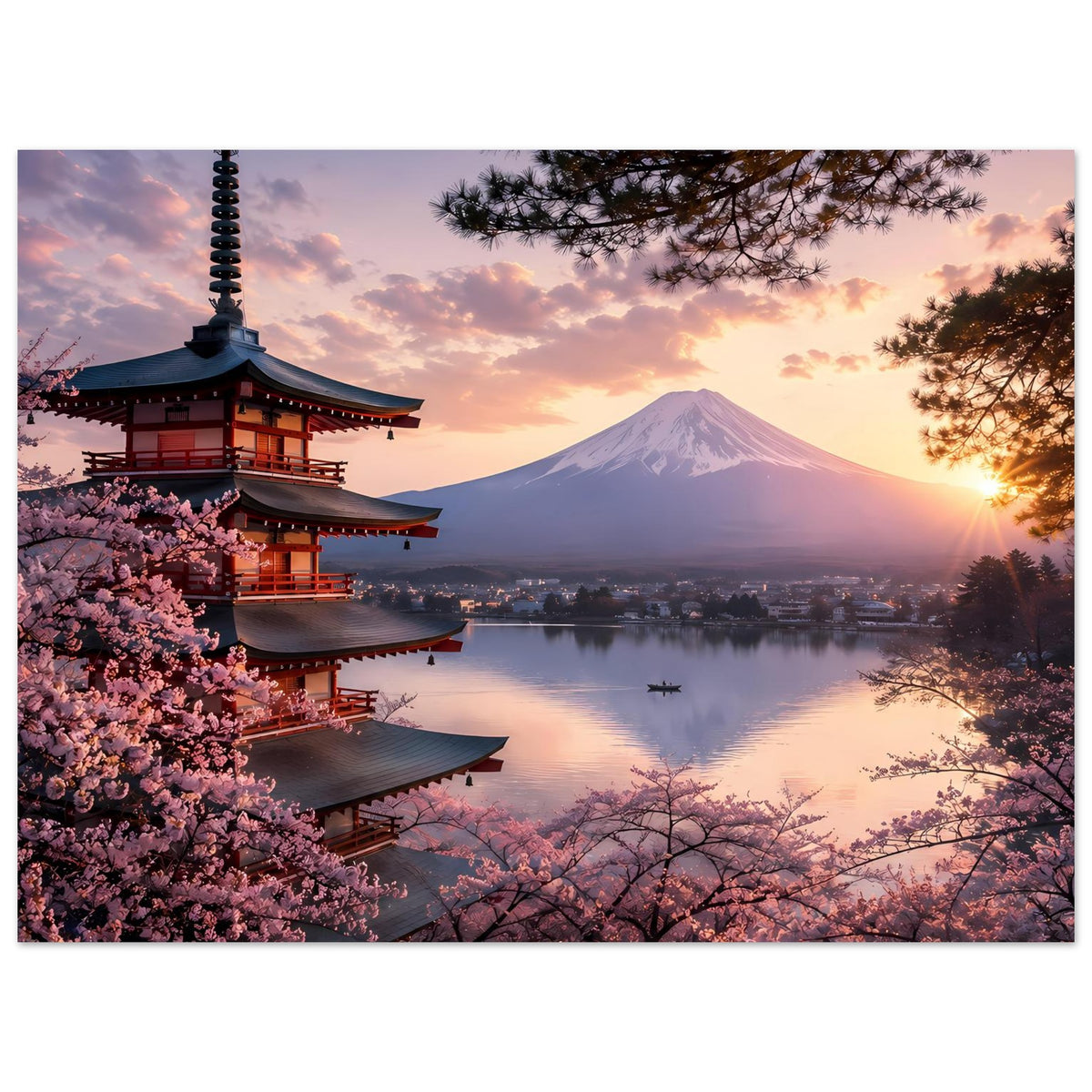 Vertikales Poster mit Pagode links, Berg Fuji mittig, See mit Schiffchen und Kirschblüten