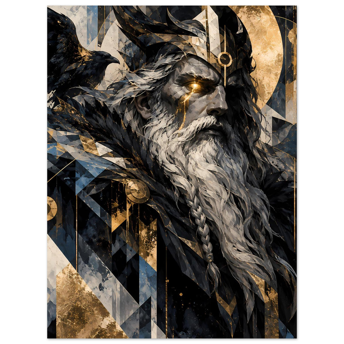 Poster im Hochformat: Nordgottprofil mit goldenem Auge, langem Bart und Umhangfedern