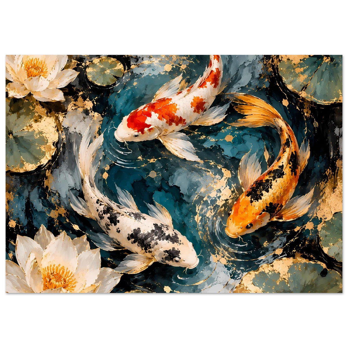 Kunstposter mit Koi-Karpfen im abstrakten Teich, Seerosenblüten am Rand