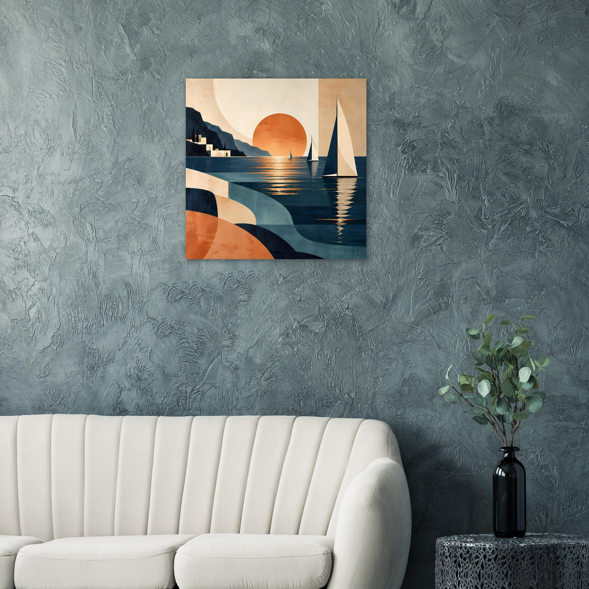 Wandposter mit Sonnenuntergang, Segelbooten, türkisblauem Wasser und Sonnenkreis