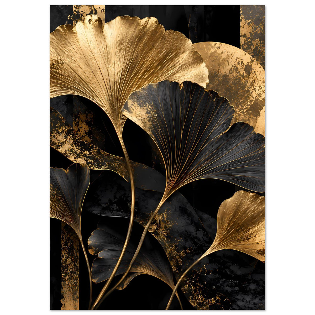 Botanisches Poster im Hochformat: goldene und schwarze Ginkgo-Blätter auf mattem Papier