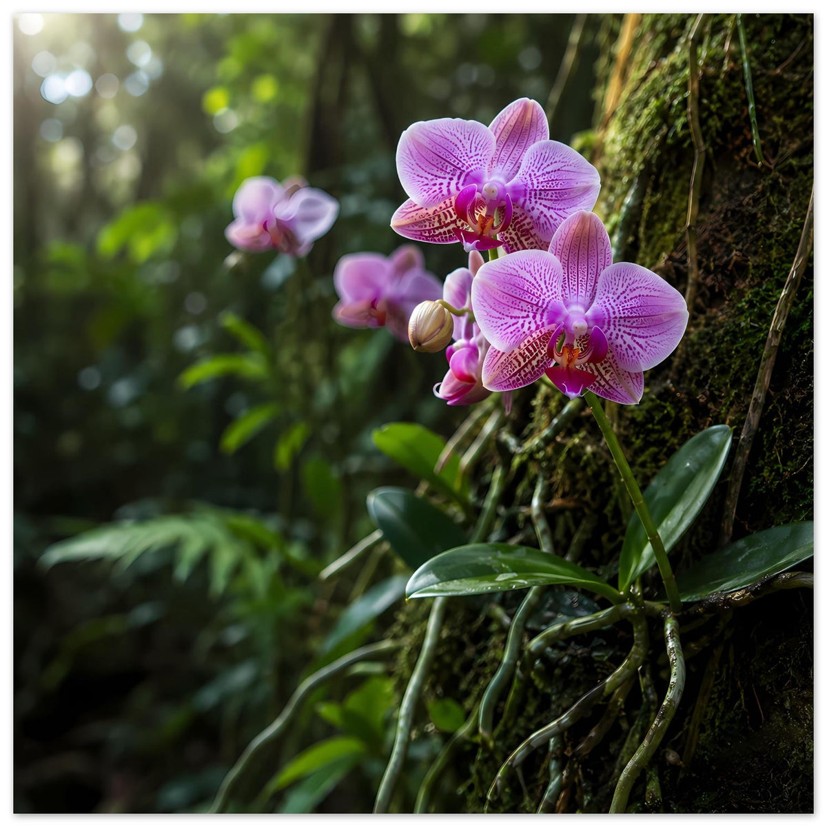 Botanisches Poster mit pinken Orchideenblüten und grünen Blättern, weiß eingefasst
