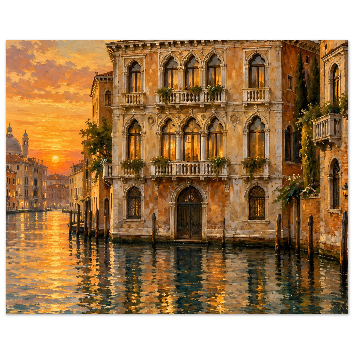 Poster im Querformat: venezianischer Palast am Wasser, goldener Sonnenuntergang und Spiegelungen