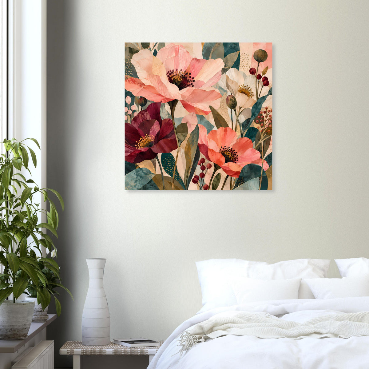 Blumenposter im Quadratformat mit Korallrosa Blüten und dunklen Akzenten