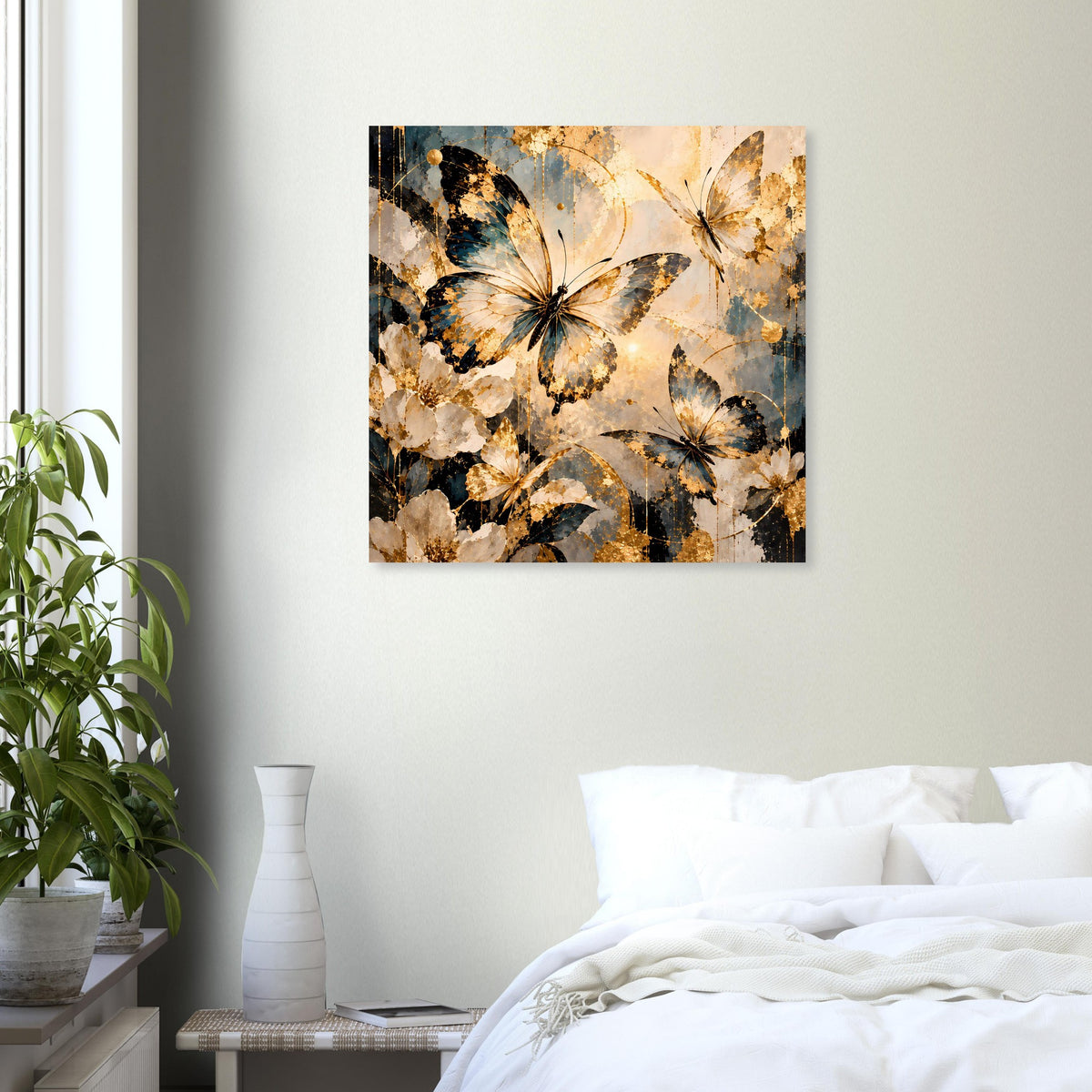 Quadratisches Wandposter mit Schmetterlingen, Gold- und Blautöne auf hellem Grund.