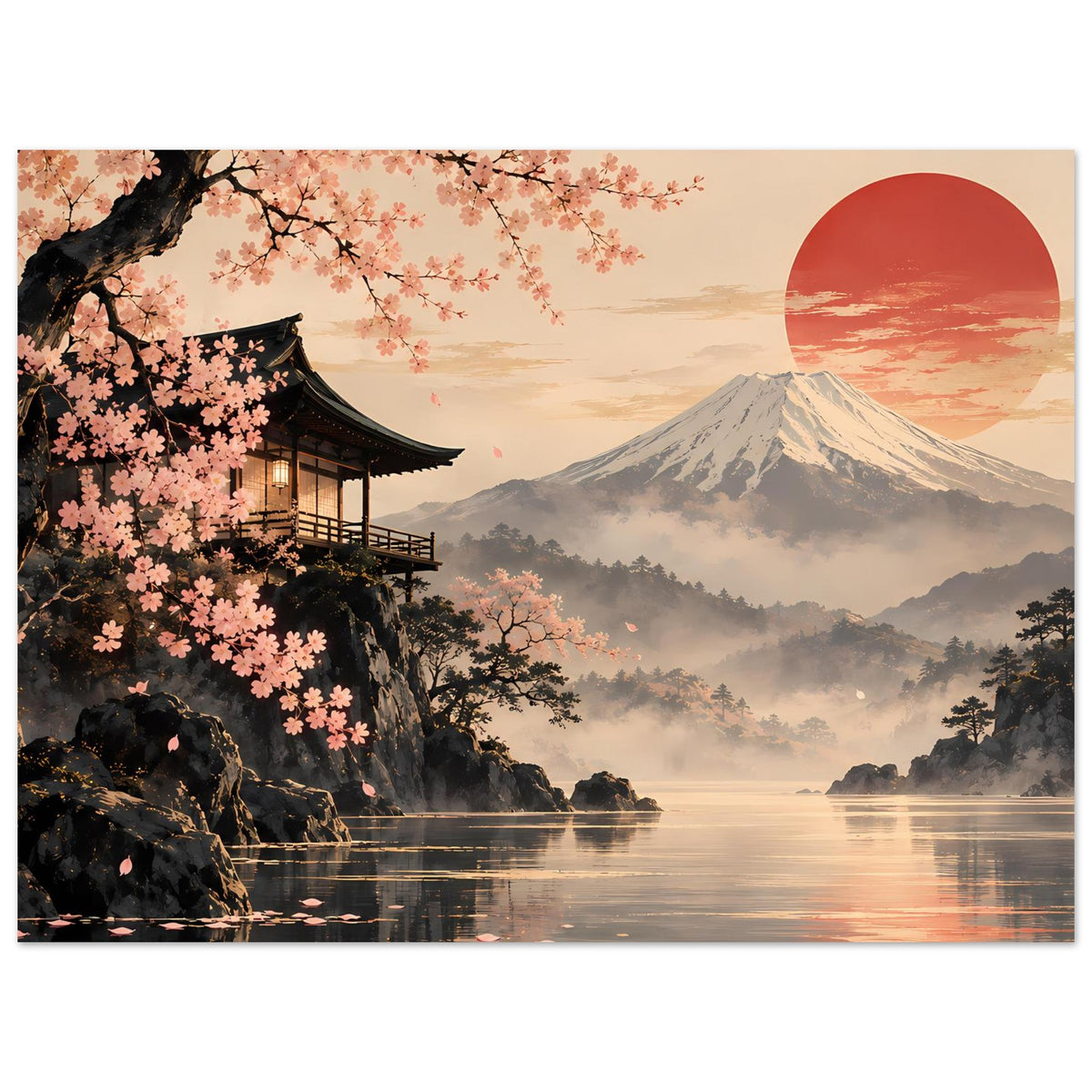 Poster mit Kirschblüten, Pagode links, Fuji-Berg und roter Sonne über Wasser und Nebel