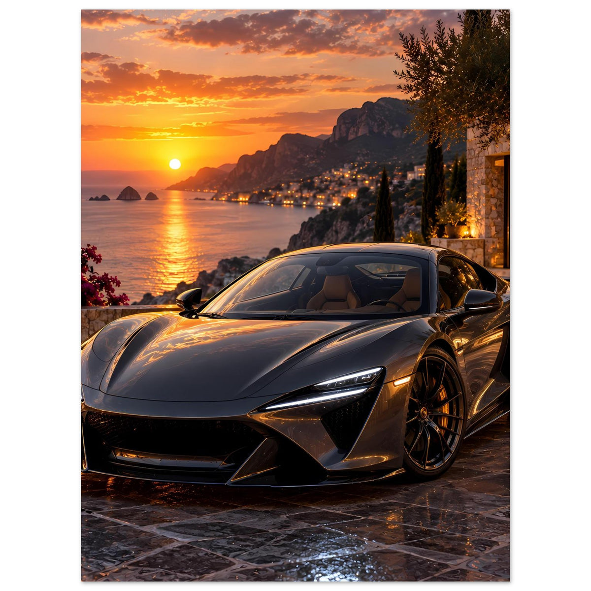 Poster-Druck, Hochformat: Sportwagen in Dunkelgrau mit Sonnenuntergang im Hintergrund