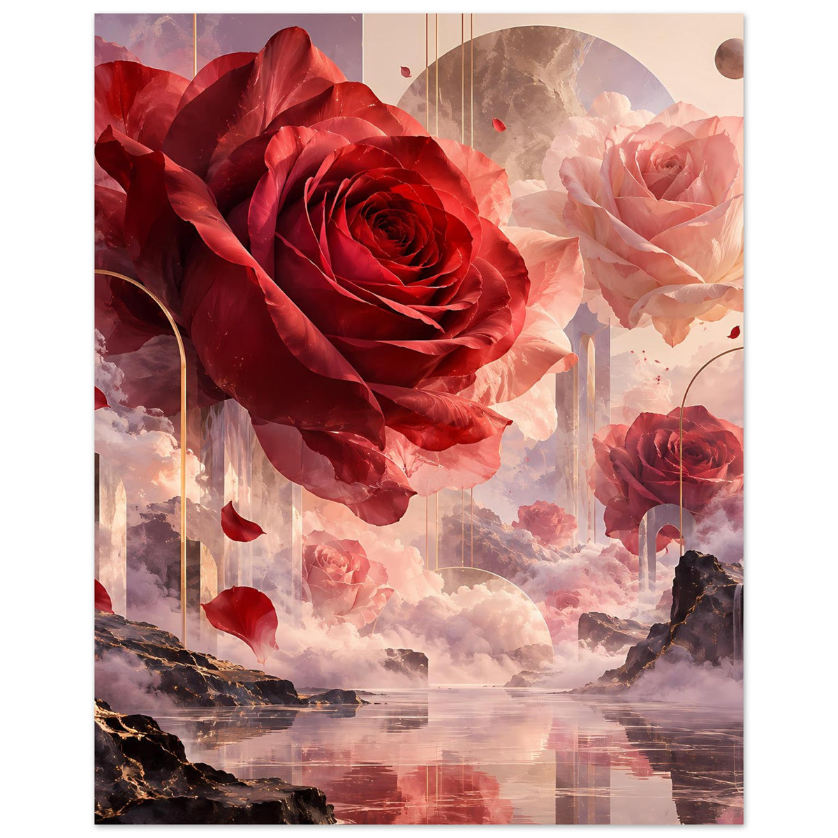 Querformat-Poster mit roten Rosenblüten und rosafarbenen Rosen vor fantasiehaftem Himmel