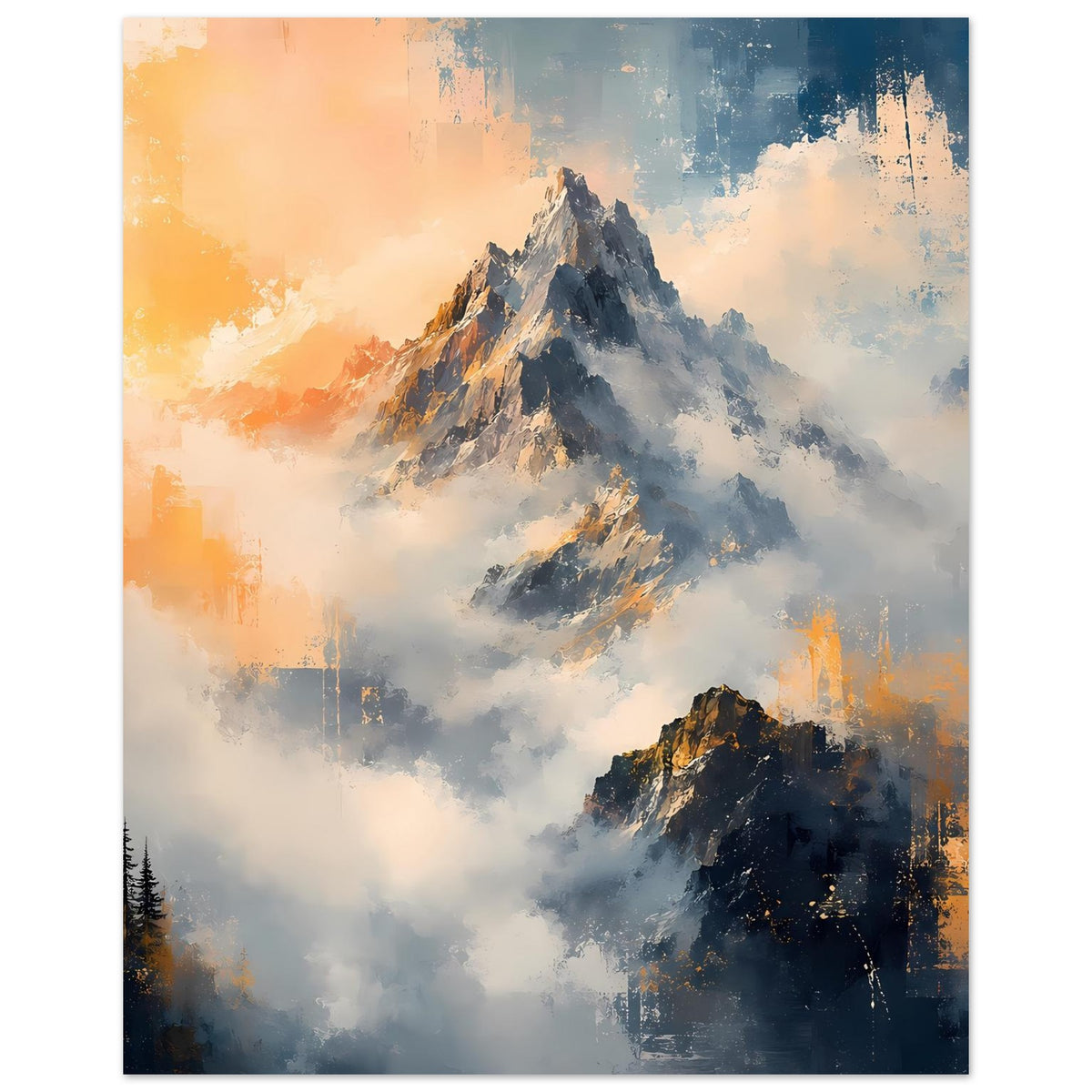 Bergposter mit Tannen im Vordergrund, warme Orange-Wolken und kühle Blautöne