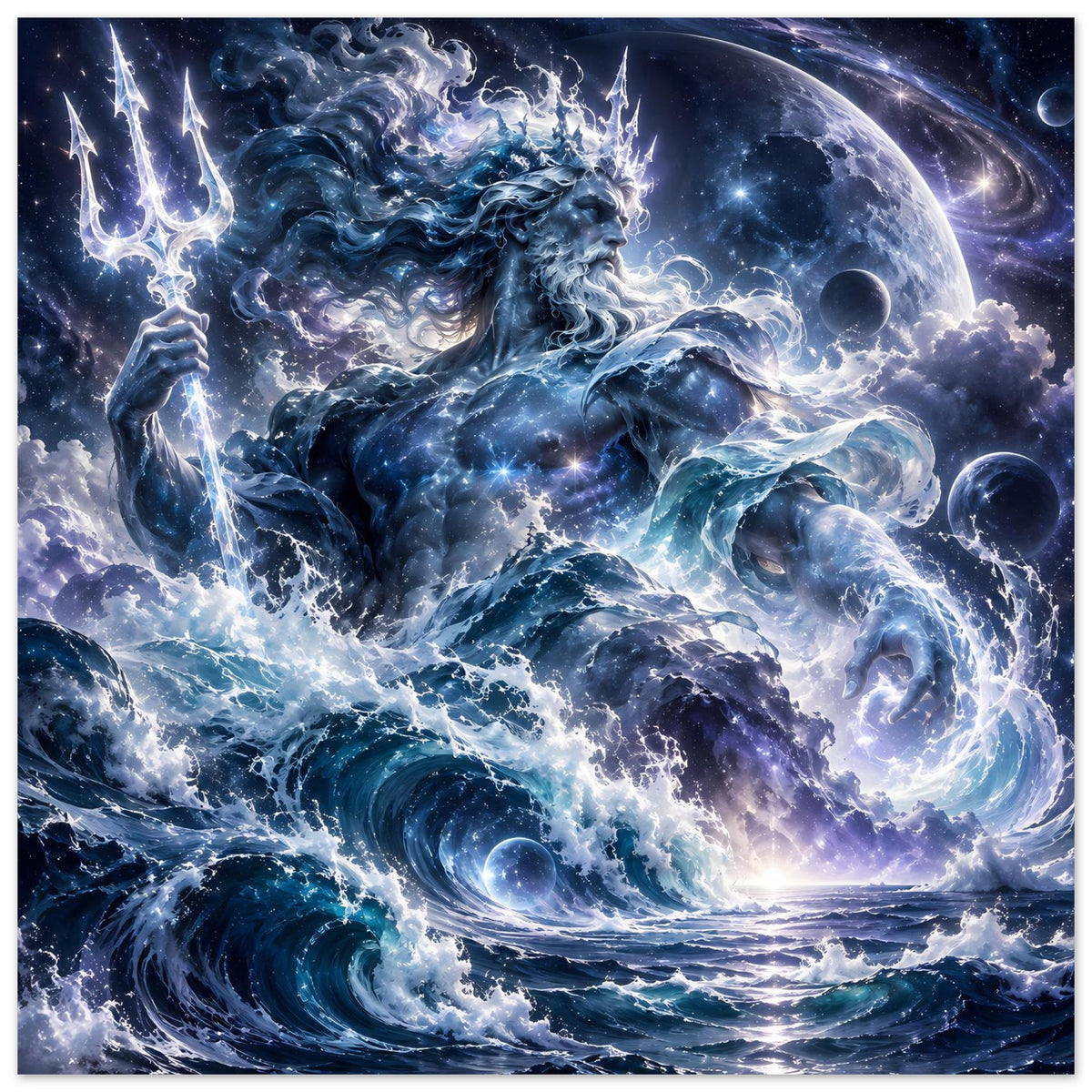 Ozean-Gott Poster mit blauer Meerlandschaft, leuchtender Dreizack-Gestalt und planetarischem Hintergrund