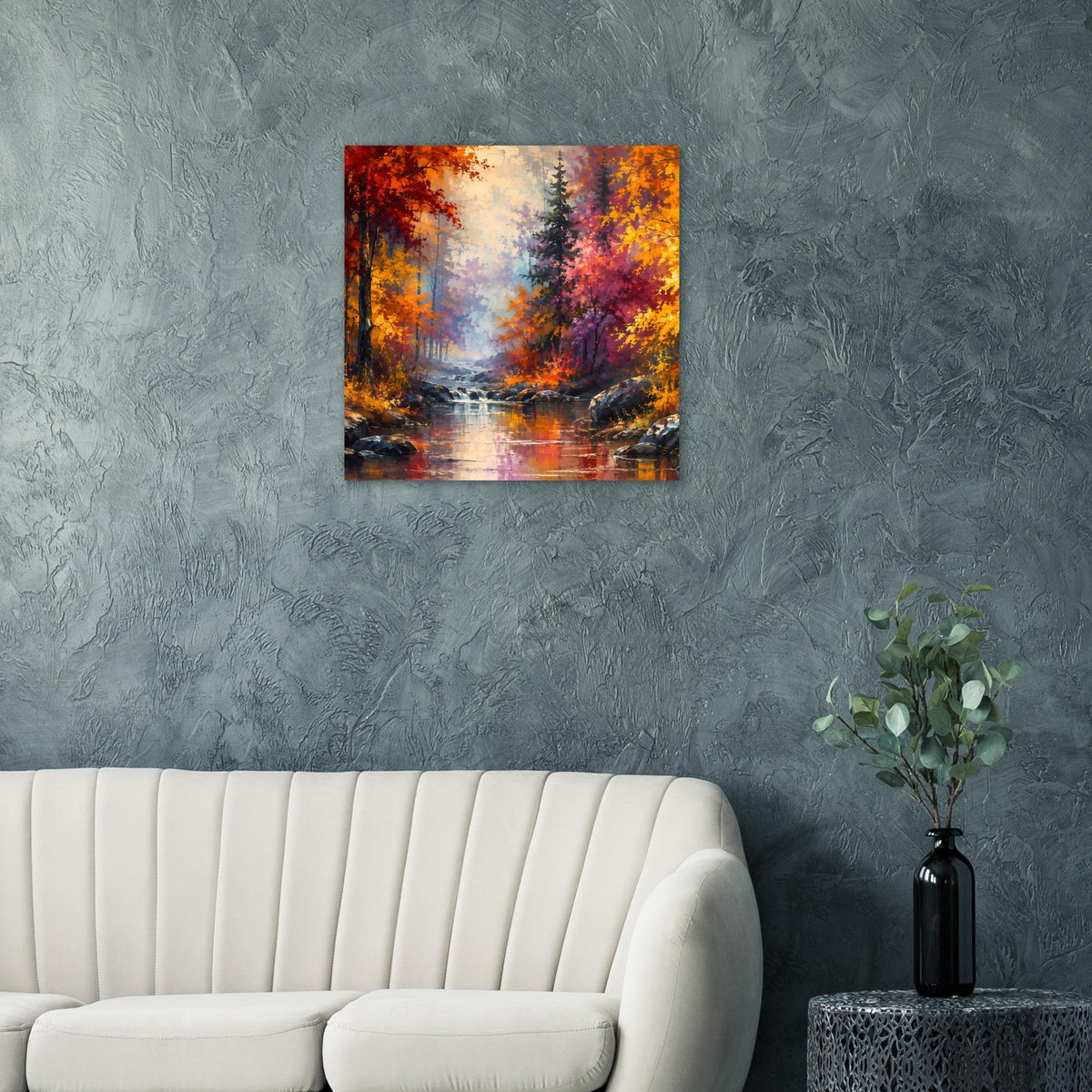 Quadratisches Poster mit Herbstwald und Fluss, leuchtende Herbstfarben