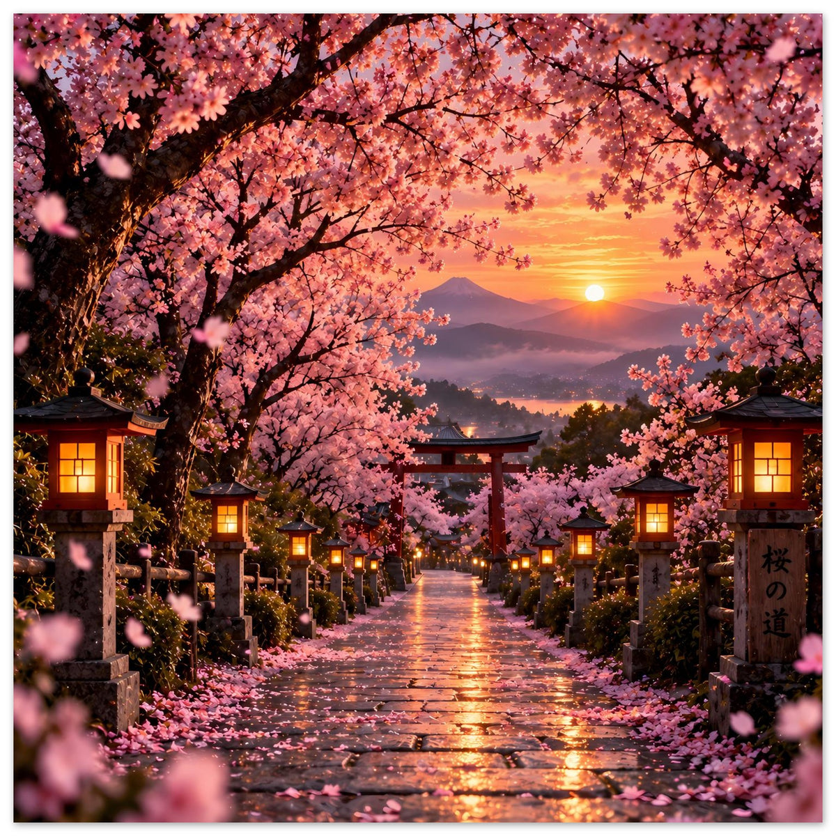 Kirschblütenallee-Poster mit Torii-Tor, warmen Lichtern und sonnenuntergehender Landschaft