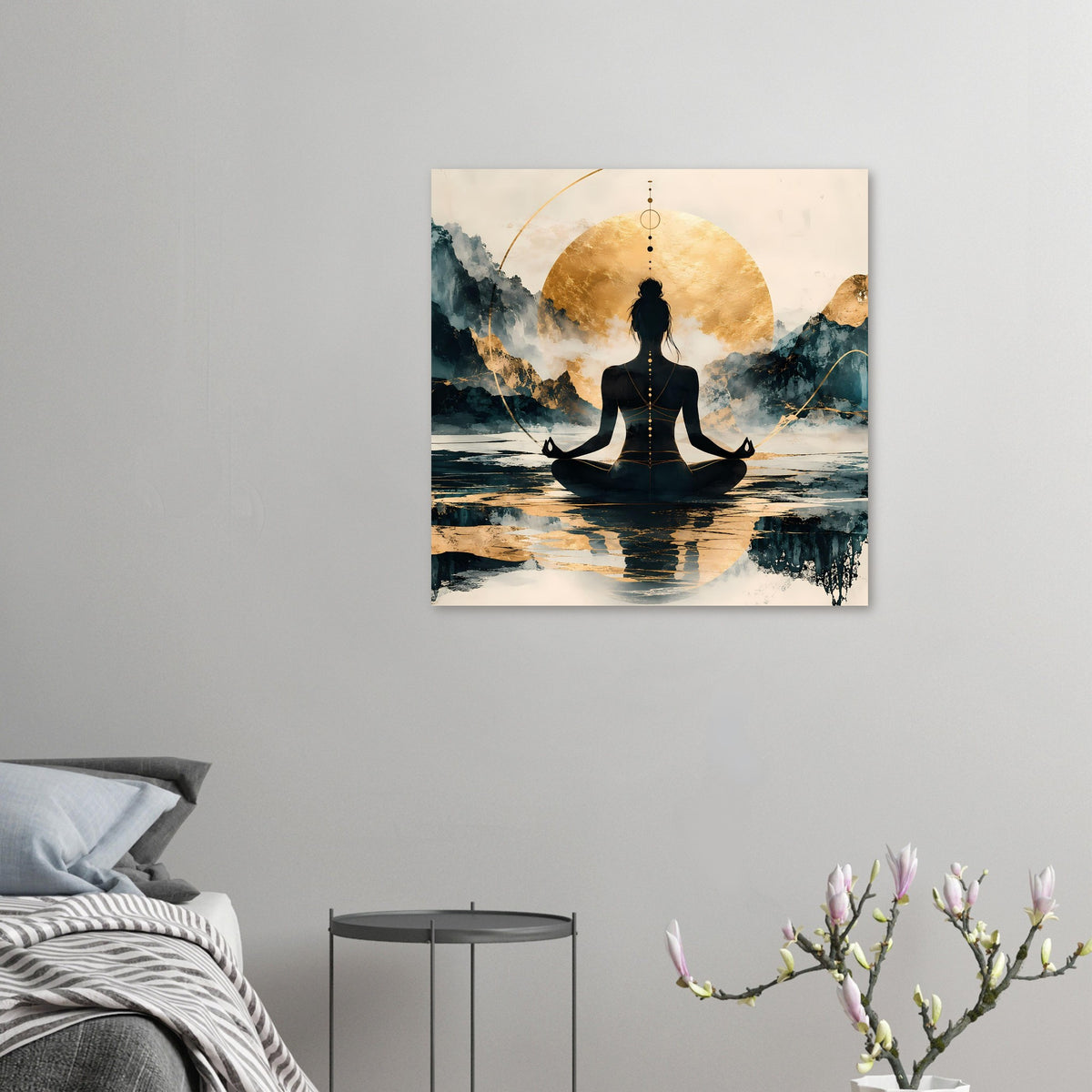 Meditatives Poster: kleine Ansicht mit goldener Scheibe, Meditationsfigur und ruhiger Szene