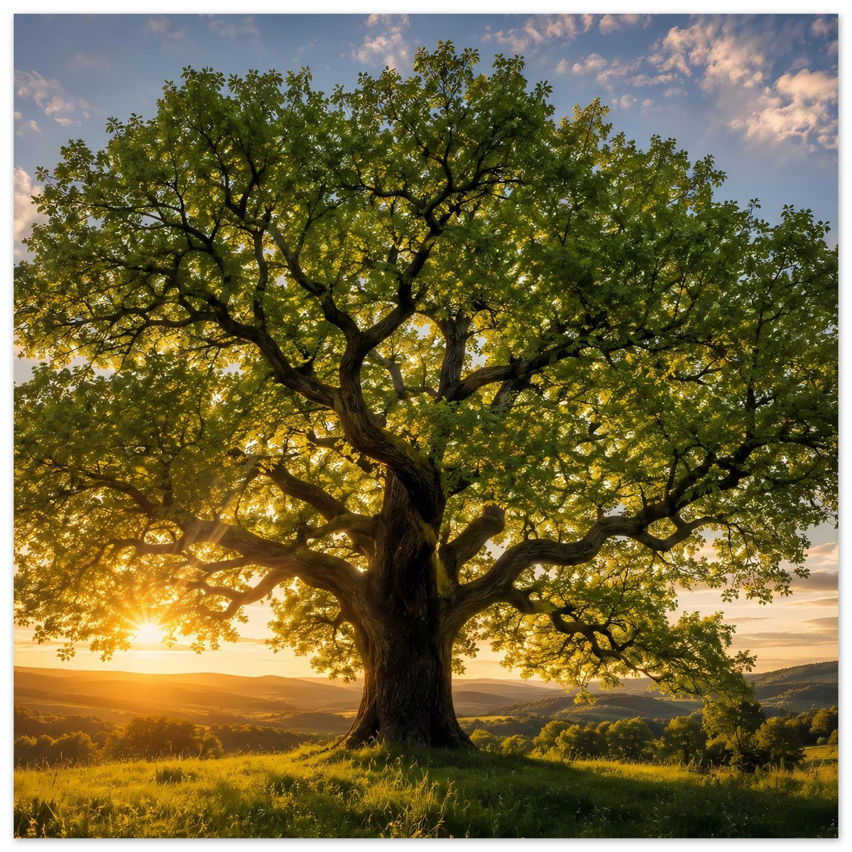 Baum-Poster im Hochformat, kräftige grüne Krone vor goldenem Sonnenlicht