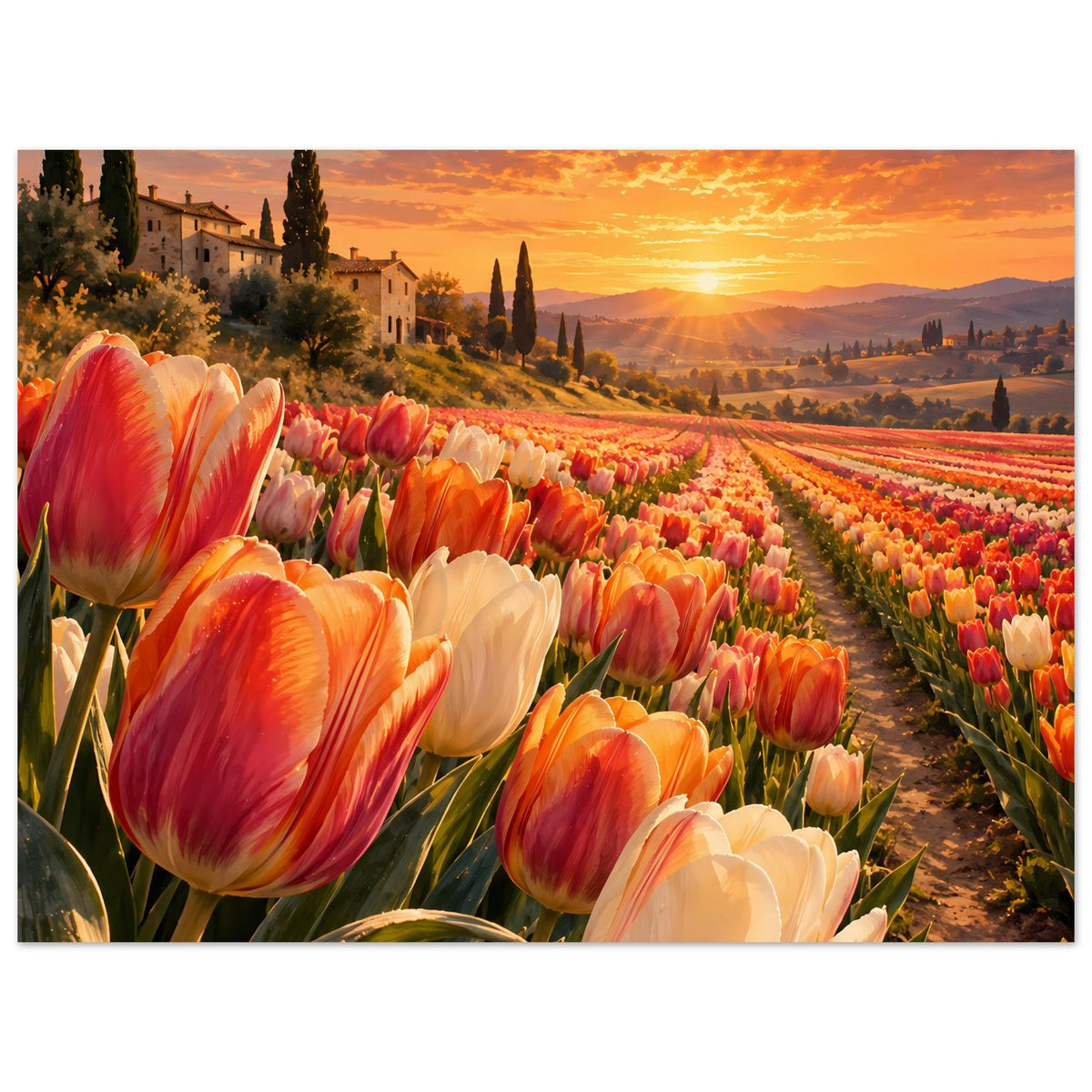 Poster: Tulpenfeld mit vielen Blütenreihen und Sonnenuntergang, Querformat