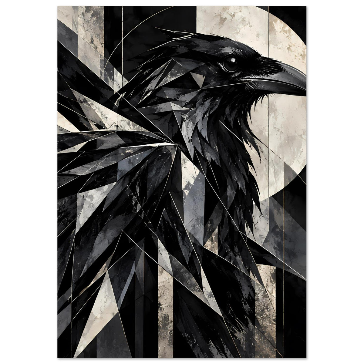 Kunstposter mit geometrischem Raben in Schwarz-Weiß, Rabenkopf und Federn, Hochformat