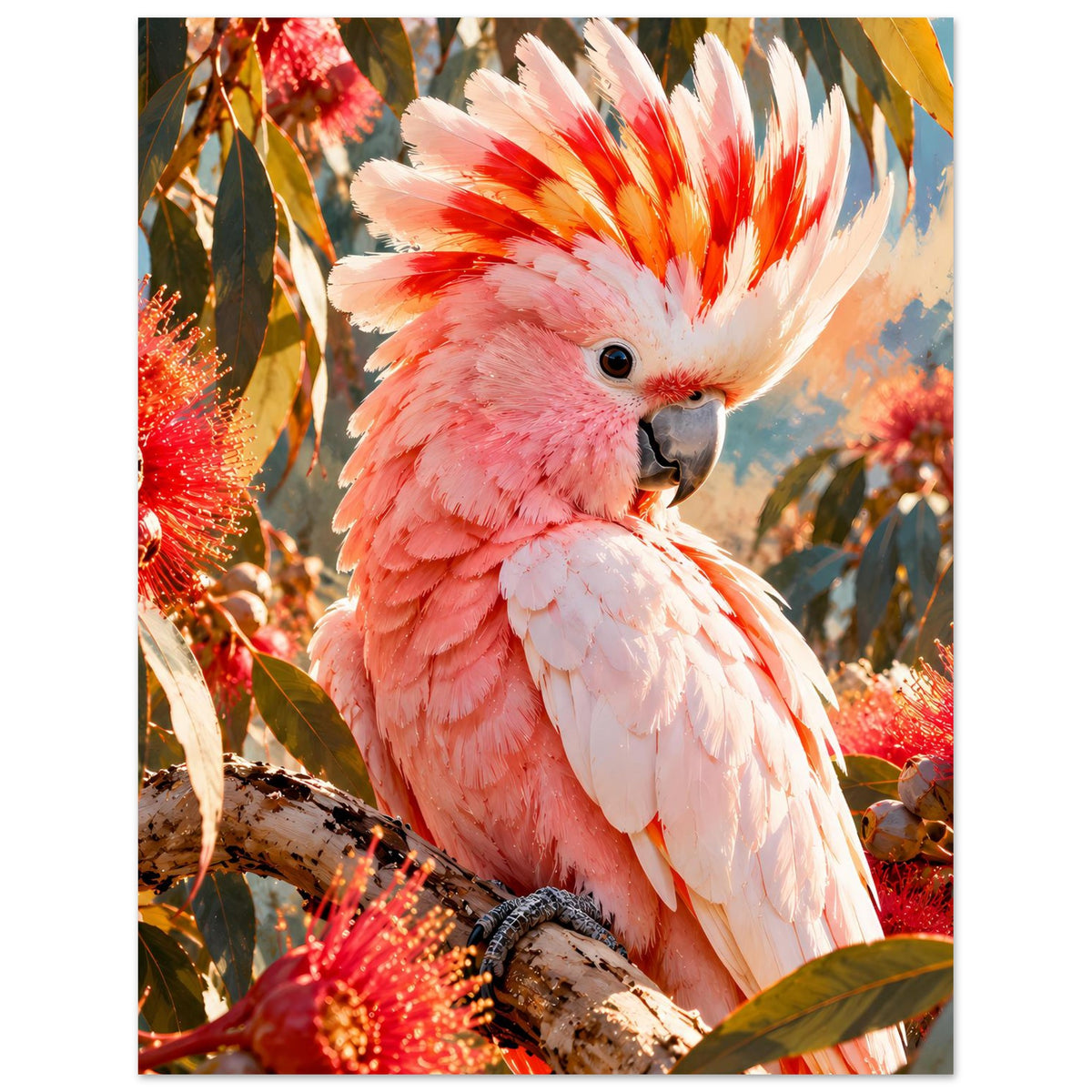 Poster mit rosa-weißer Kakadu-Motiv, Federhaube, sitzt auf einem Ast