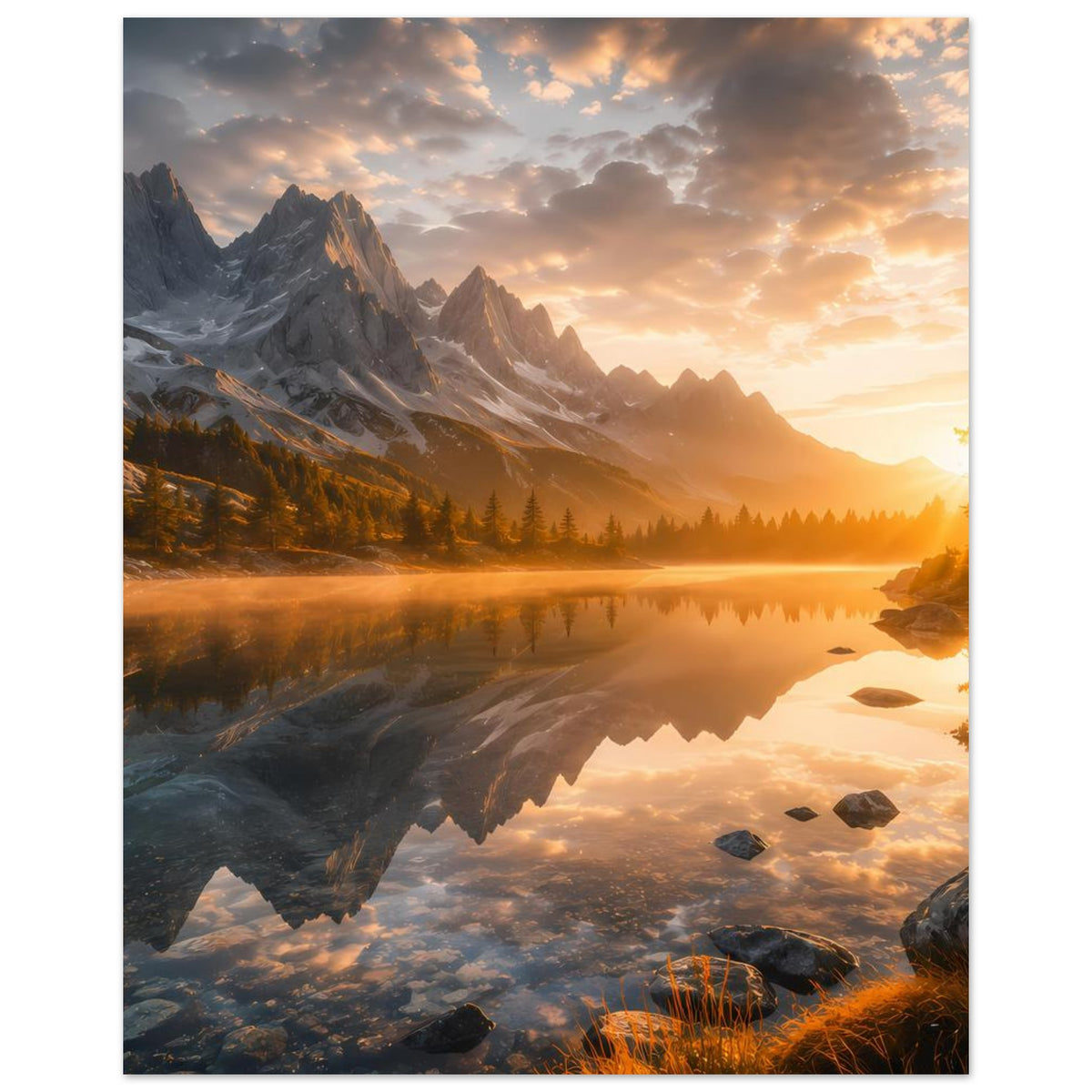 Sonnenbeschienenes Bergsee-Poster im Hochformat: Berge, See und Sonnenaufgang im goldenen Licht