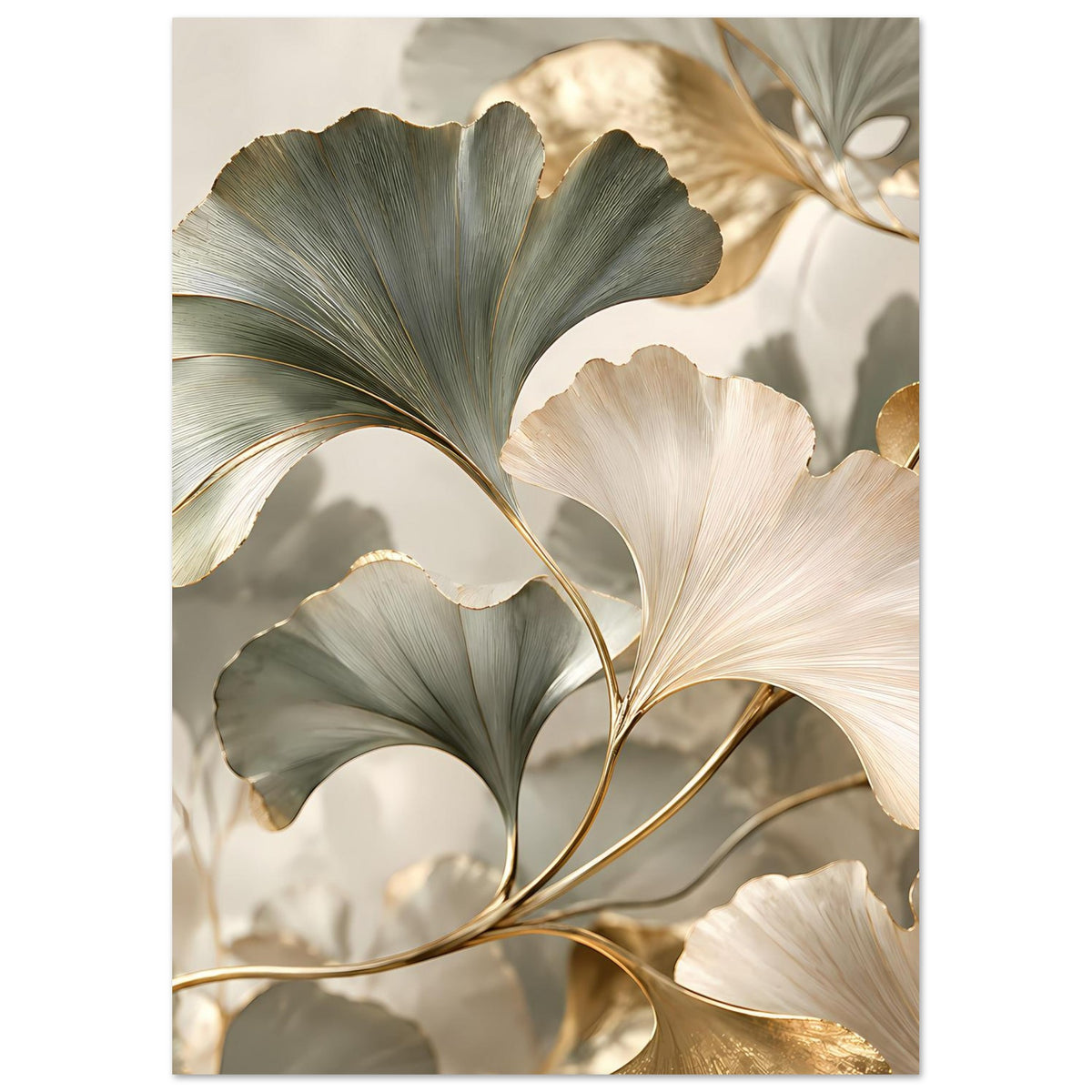 Poster mit Ginkgo-Blättern in Grau-Grün und Creme, goldene Blattadern, hochkant