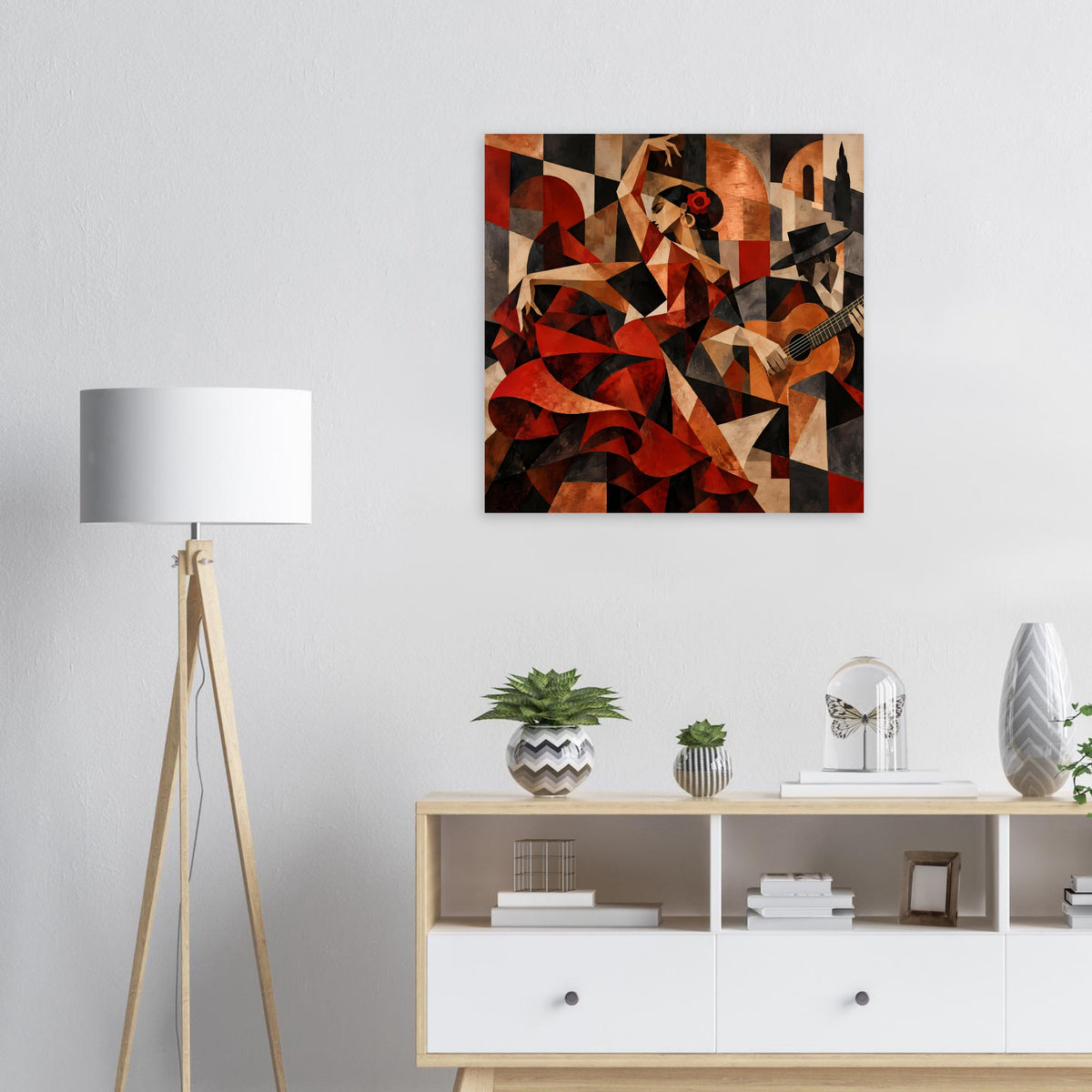Quadratisches Kunstposter mit abstrakter Flamenco-Figur in Rot- und Erdtönen
