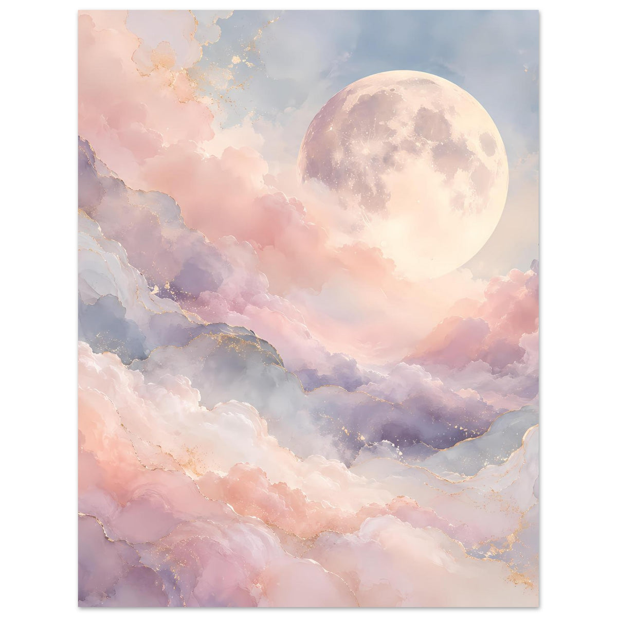 Poster im Hochformat: großer Mond über weichen Wolken, pastellige Farbflächen