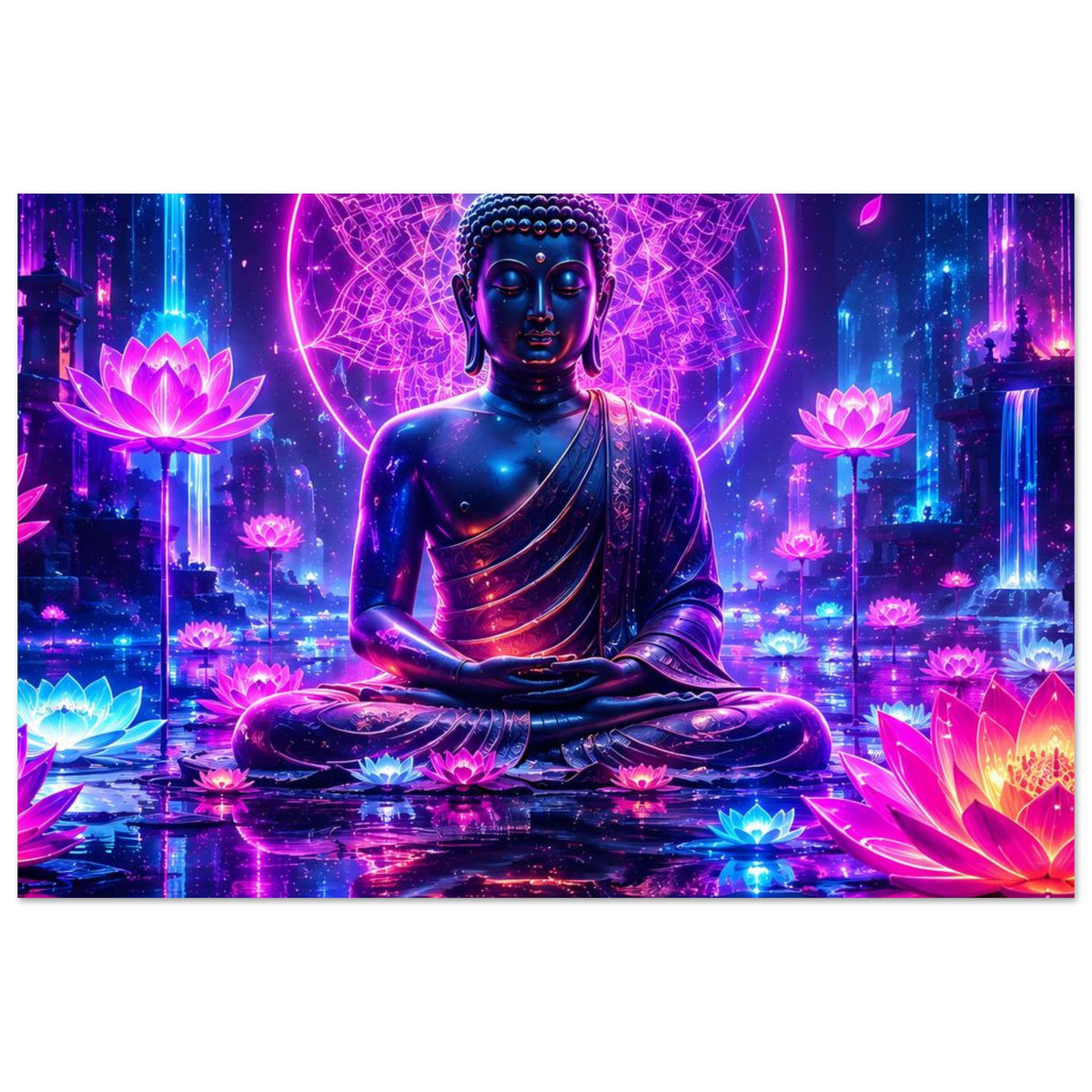 Neon-Buddha-Poster: meditierender Buddha im Lotussitz mit leuchtenden Lotusblüten