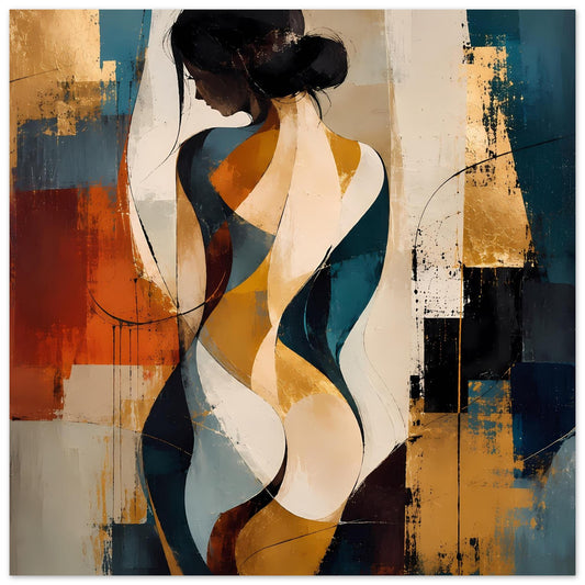 Poster mit abstrakter Frauensilhouette in Blau und Gold, schwarze Akzente, sichtbarer Rahmen