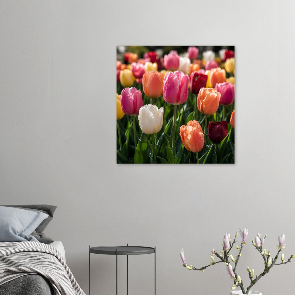 Quadratisches Tulpenposter mit bunten Blüten in Pink, Orange und Weiß