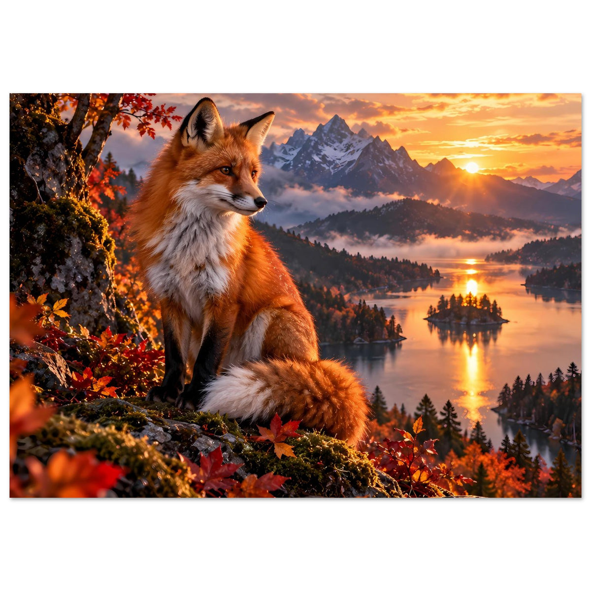 Wandposter: Orange-weißer Fuchs, liegt auf felsigem Hang, Herbstlaub im Vordergrund, Blick rechts