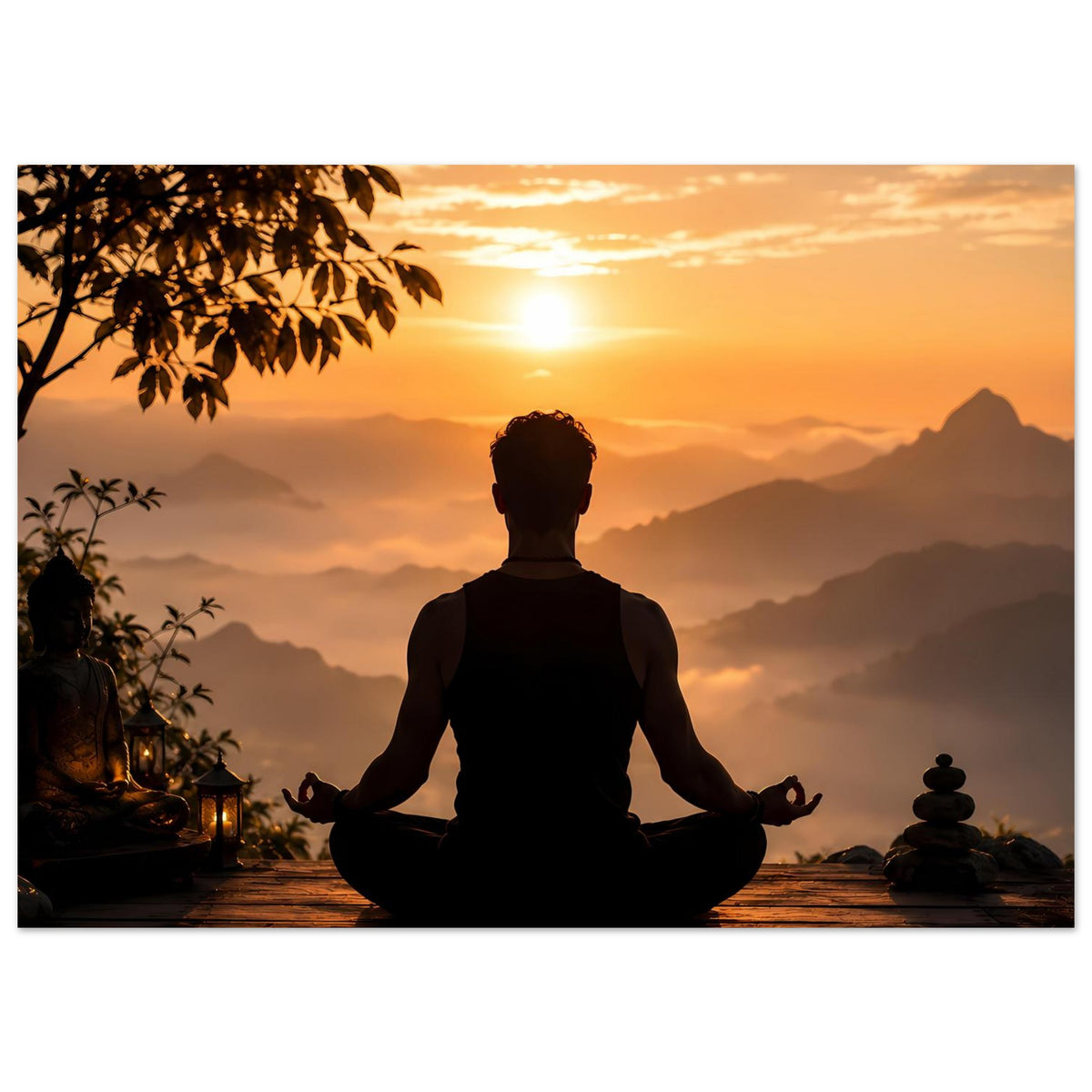 Gerahmtes Meditationsposter mit Lotus-Silhouette bei Sonnenuntergang und Felsen im Hintergrund