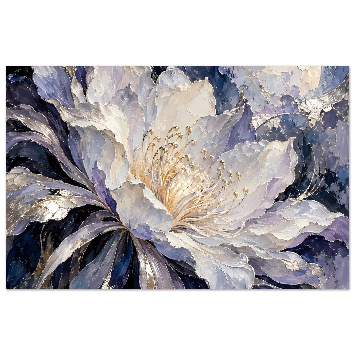 Poster mit abstrakter weißen und violetten Blüte, goldenen Staubfäden und Mond