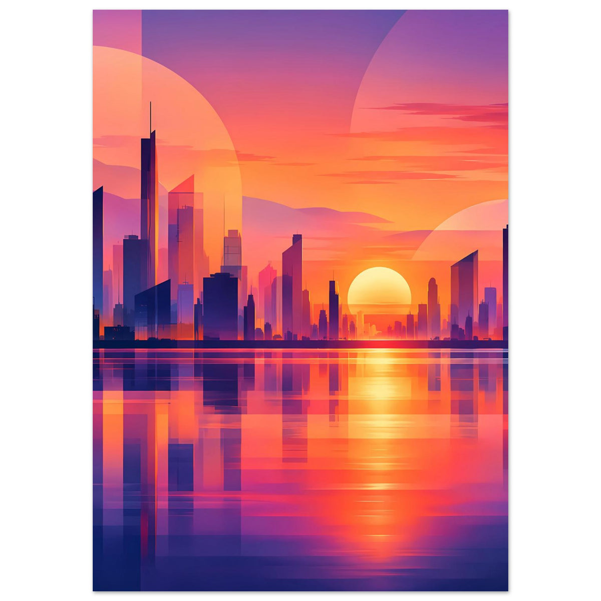 Hochkant-Stadtposter mit Skyline bei Dämmerung, leuchtender Sonne und Wasserspiegelung