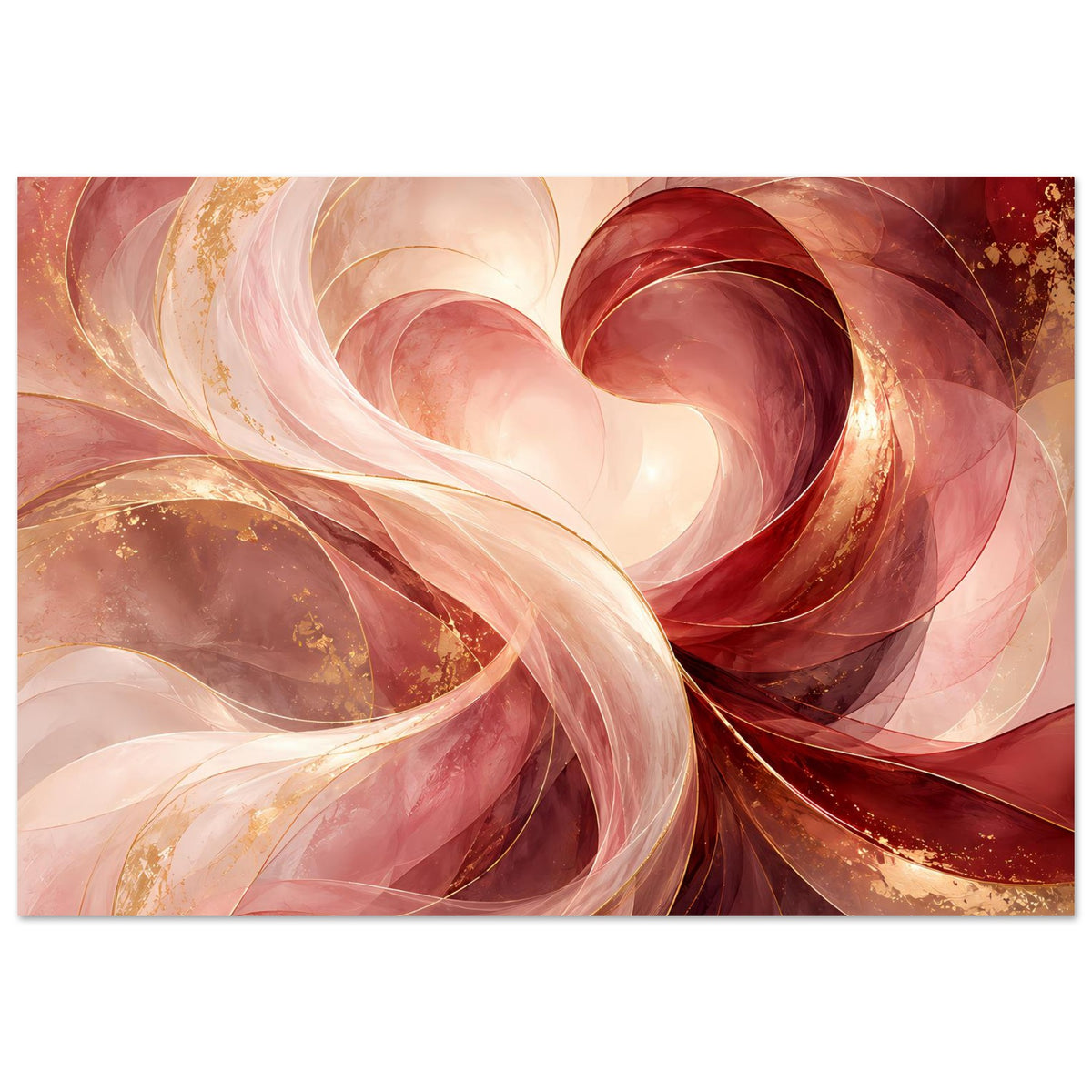 Poster mit abstraktem Herz in Rot und Creme, goldene Sprenkel und Schleifen