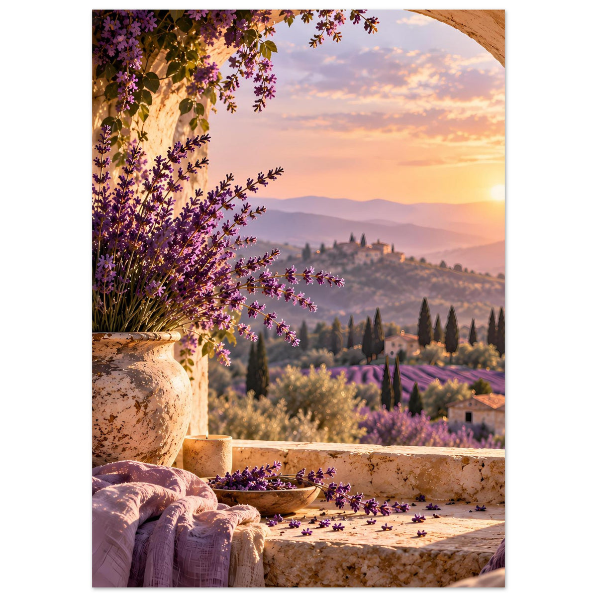 Poster mit Lavendelfeld-Optik, Vase am Rand und Landschaft mit Abendsonne