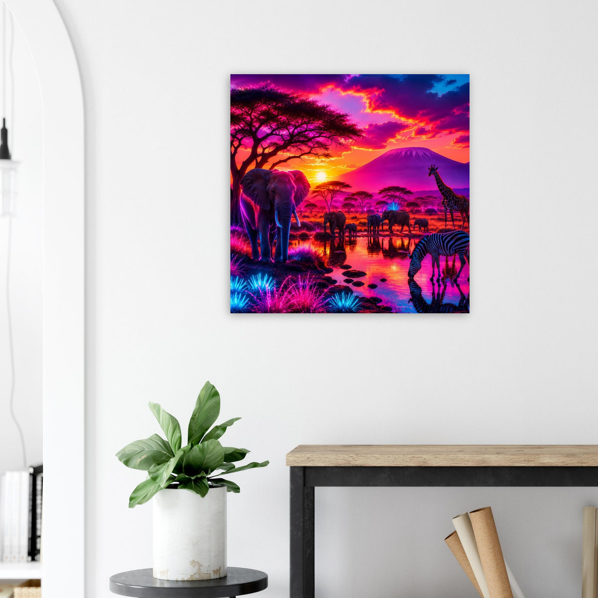 Quadratisches Neon-Safari-Poster mit Elefant, Giraffe, Zebra und leuchtender Savanne