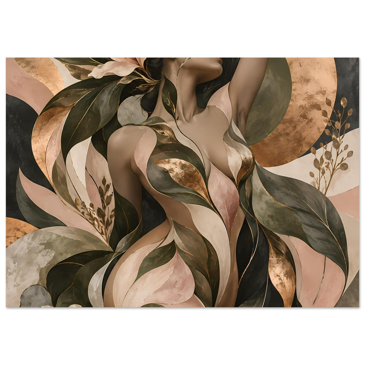 Querformat-Poster mit botanischem Frauenakt, Blättern in Erdtönen und Goldakzenten