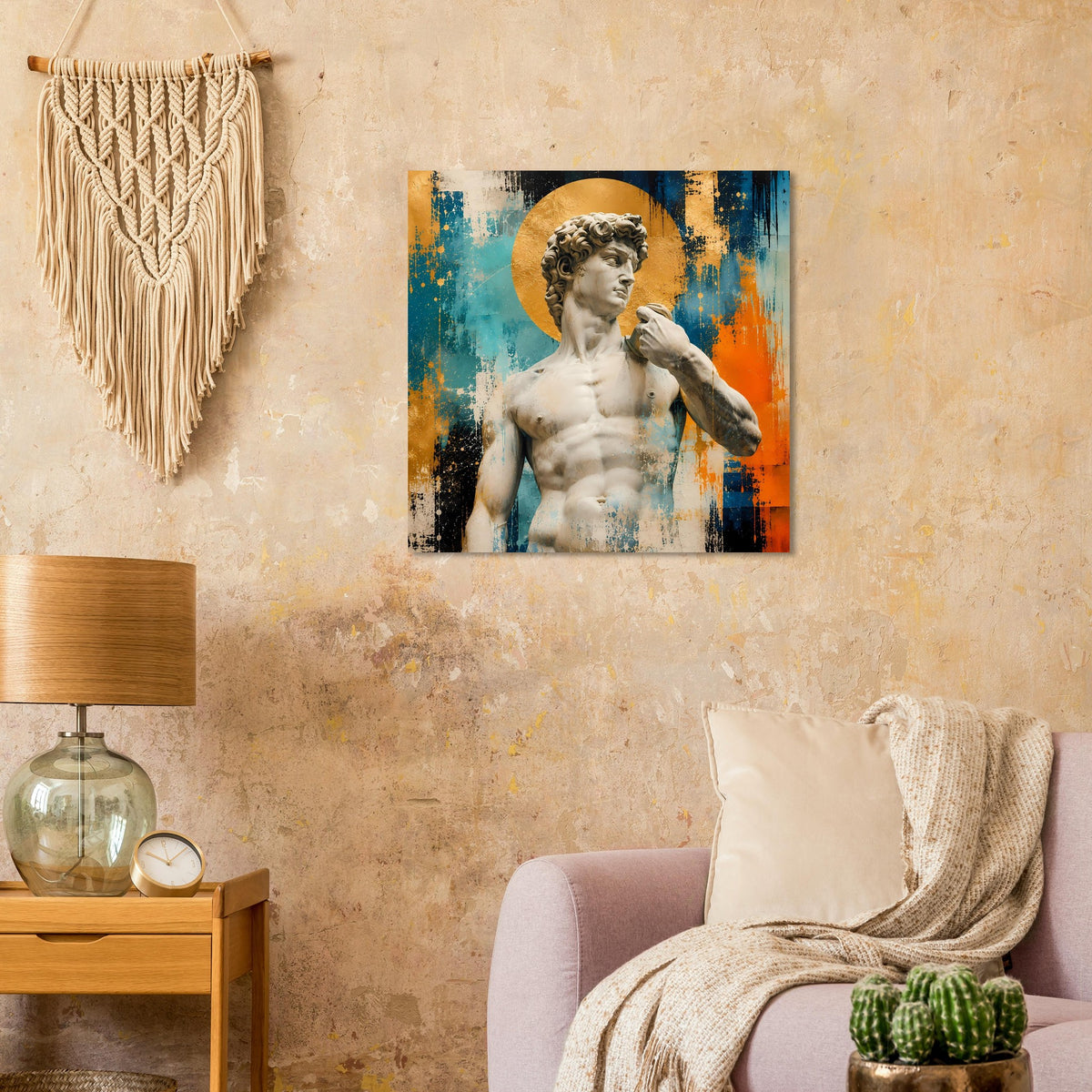 Poster: David-Skulptur im goldenen Kreis mit türkis-orange Spritztechnik