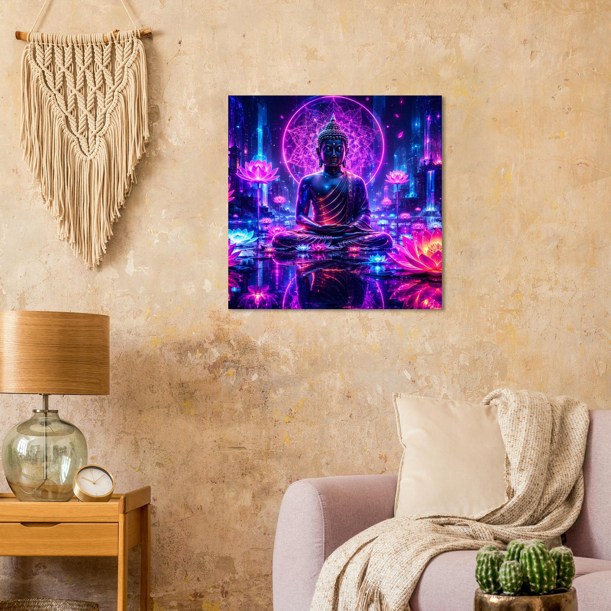 Neonfarbiges Buddha-Poster mit leuchtendem Chakra-Kranz und Lotusblüten im Hintergrund