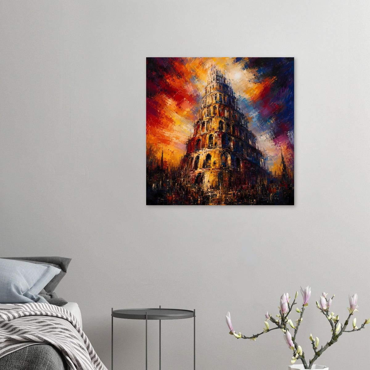 Kleines Poster: Turm von Babel im abstrakten Stil, Orange, Blau und Gold dominieren.