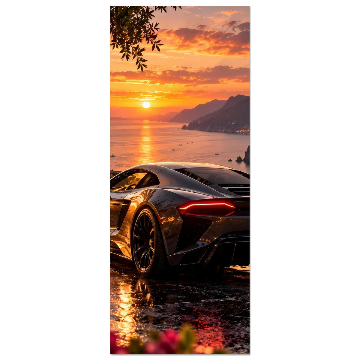 Hochformat-Poster: Sportwagen bei Sonnenuntergang, angeschnittene Front und rote Rückleuchten