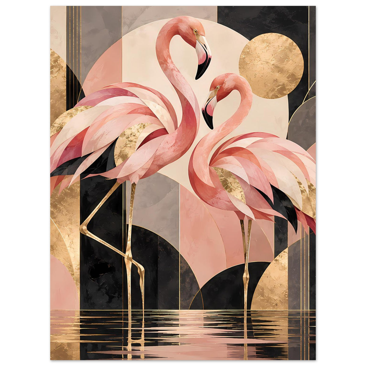Zwei rosa Flamingos vor geometrischem Hintergrund mit Goldakzenten in Schwarz und Creme – Posteransicht 12