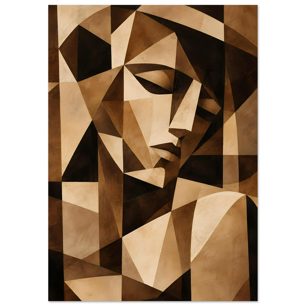 Abstraktes Kunstposter mit kubistischen Formen: Augenpartie und Gesicht in Braun, Beige