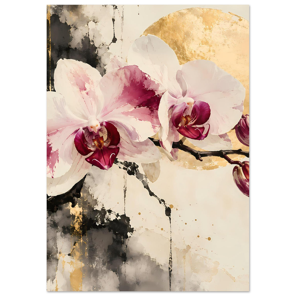 Vertikales Blumenposter mit Orchideen und goldenen Akzenten