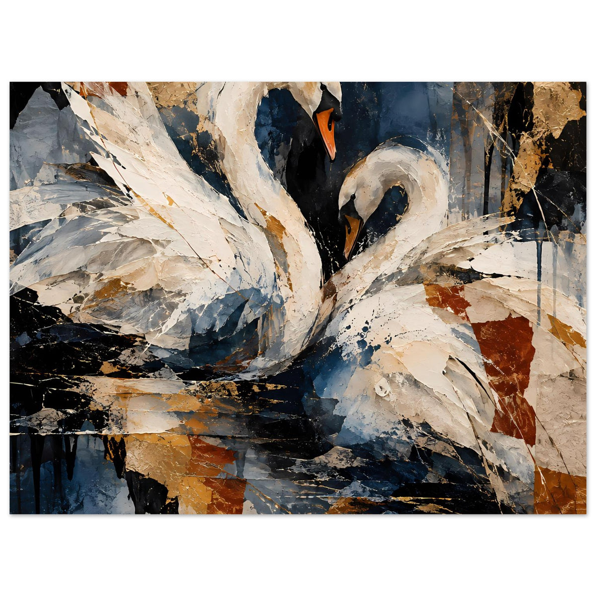 Schwanen-Porträtposter im Querformat: zwei weiße Schwäne, blaue und schwarze Abstraktion, braune Stellen.