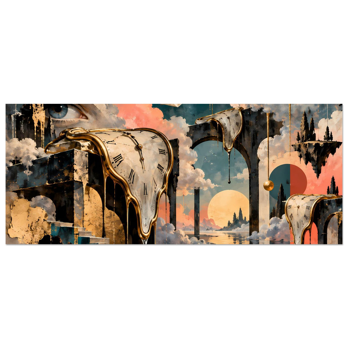 Surreales Kunstposter, breit: schmelzende Uhr, Wolken und Spiegelung auf gewelltem Wasser