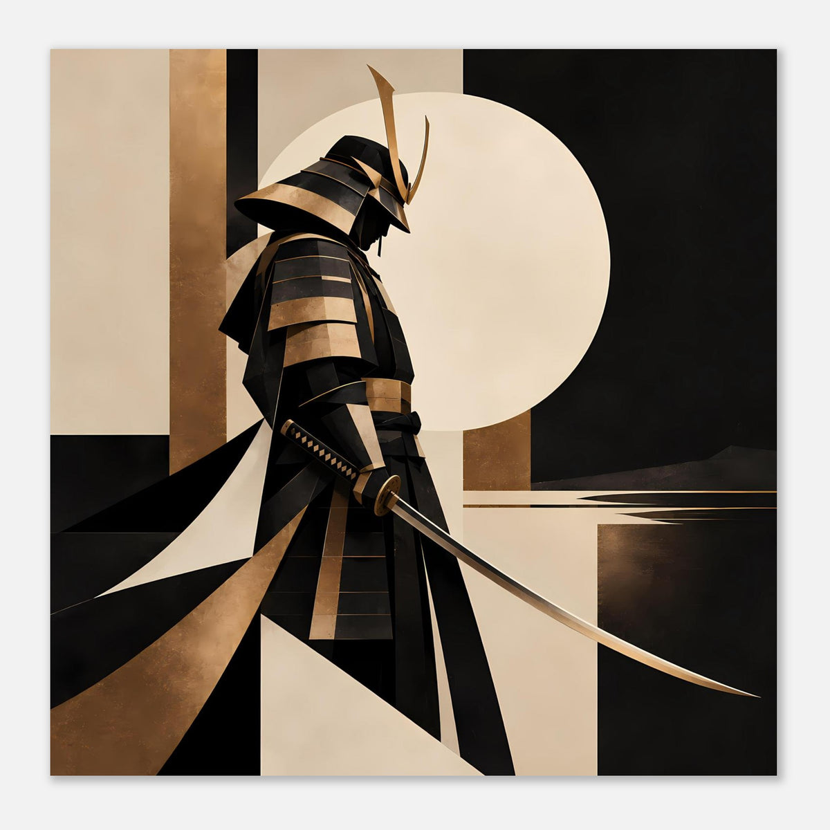 Kunstposter mit Samurai vor geometrischem Hintergrund, diagonale Linien und Schwarz-Gold