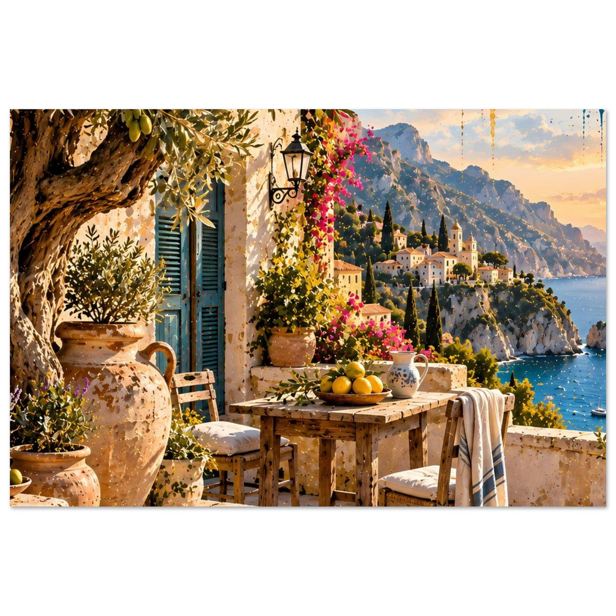 Mediterranes Terrassen-Poster mit Küstenhausblick, Tischdekoration und Buchtwasser