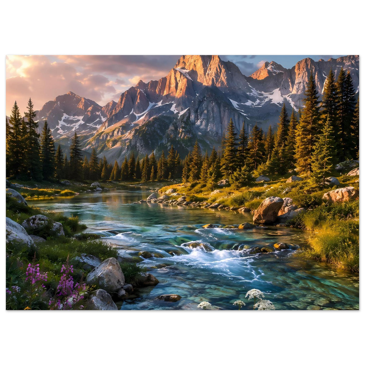 Landschaftsposter, horizontale Ansicht: Berge, Flusslauf und dichter Nadelwald